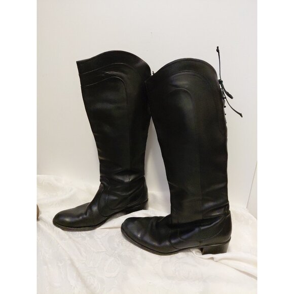 Salvatore Ferragamo Boots Leather Tall Riding Lace Up Valentino Black 11 - Picture 2 of 8